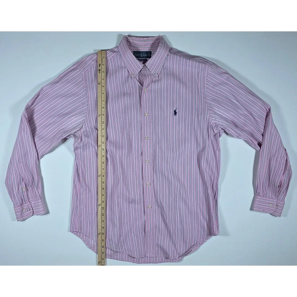 Ralph Lauren Men's Classic Fit Striped Button Down Pink Navy Blue 16.5 34/35